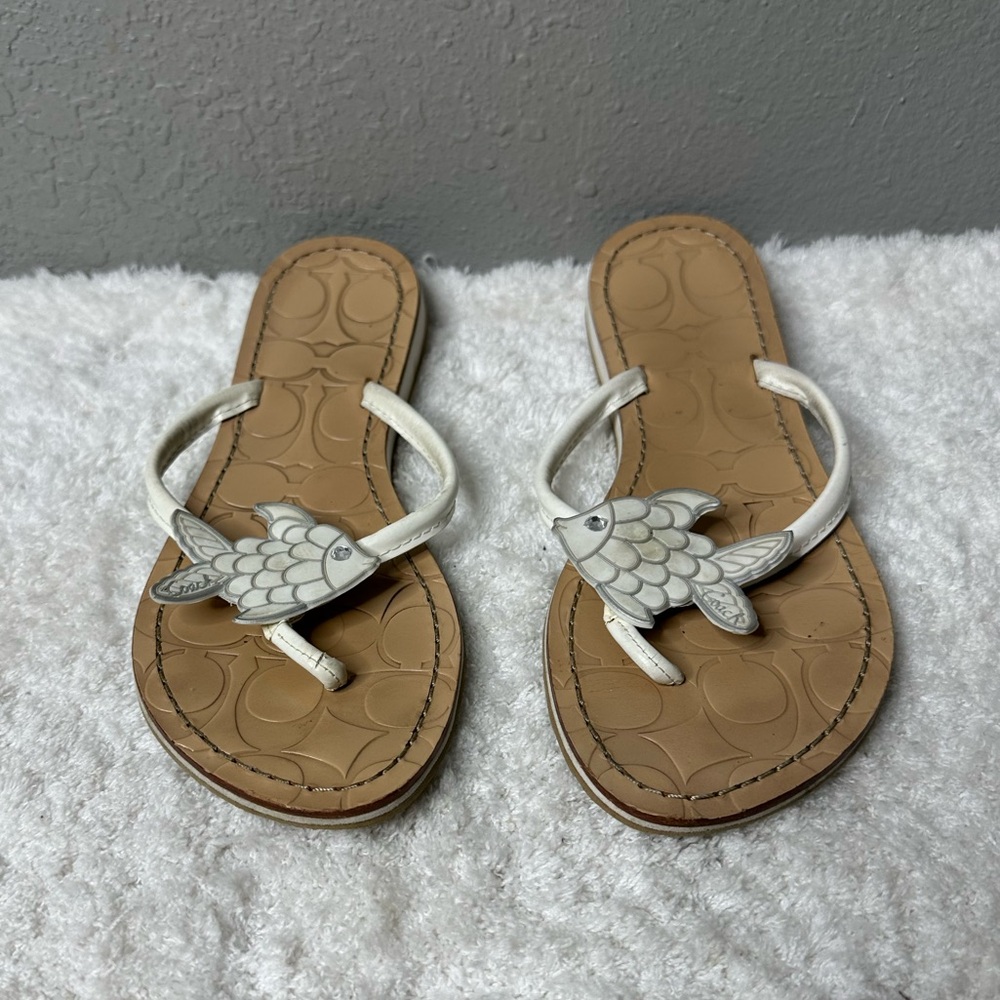 RARE Coach Nautical White Leather Fish Thong Sandal Y2K Monogram Flip Flops 8.5W